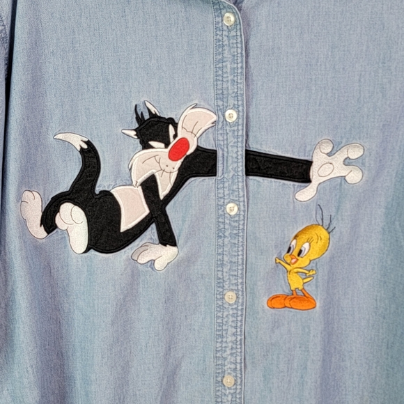 Warner Bros Looney Tunes Vintage 90's Sylvester & Tweety Bird Button Down L - Picture 2 of 15